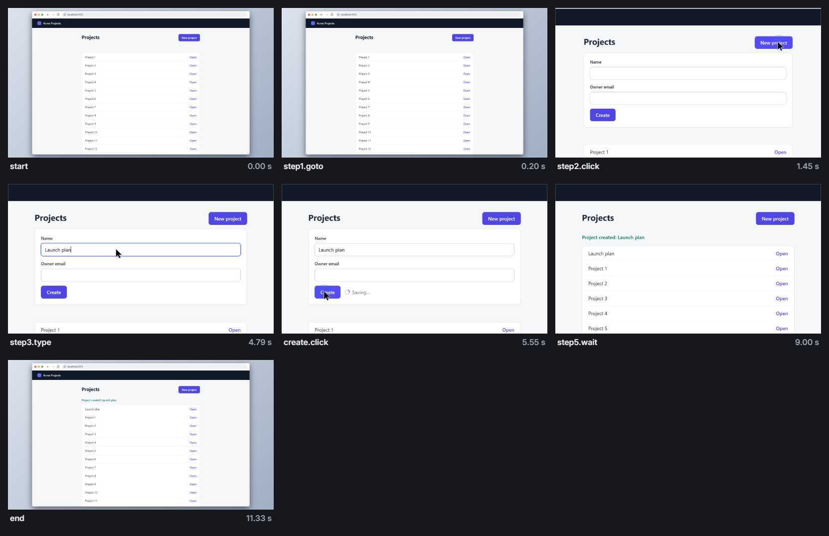 first-clip-sheet.png: one frame per step, at the moment its result shows.