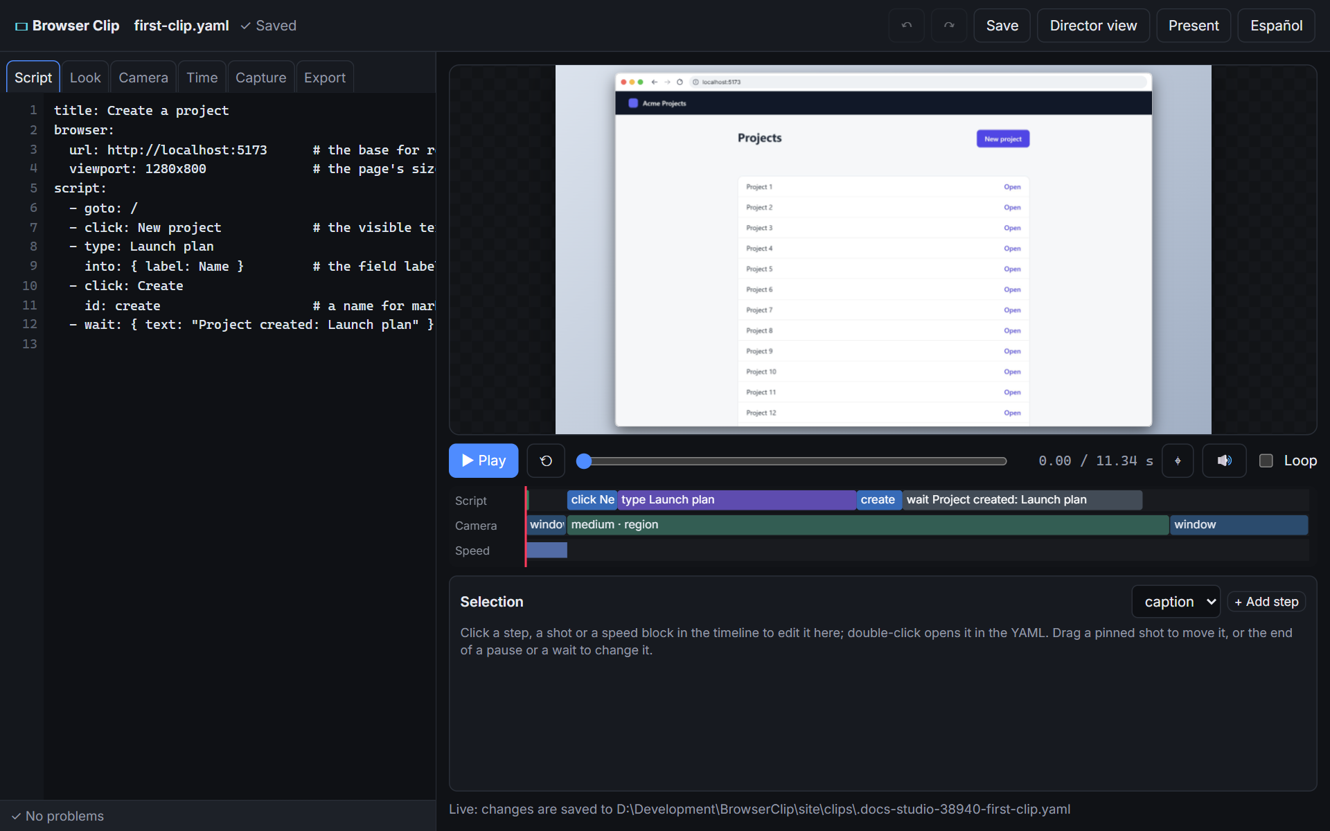 The studio on the first clip: the YAML editor, the preview with its transport, and the timeline of steps, camera shots and speed.