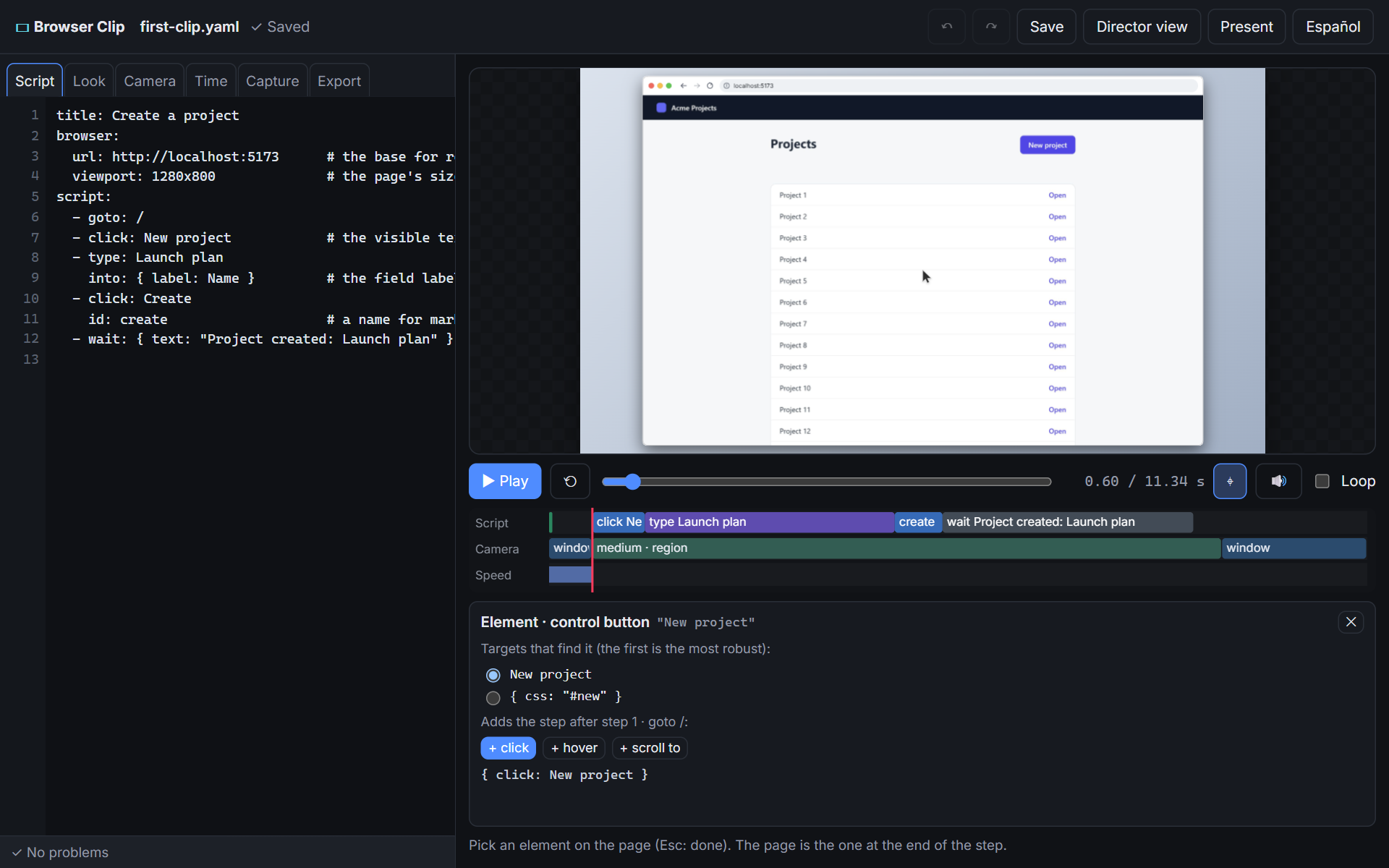 The picker on New project, after the first step: its targets, and the steps it can add.